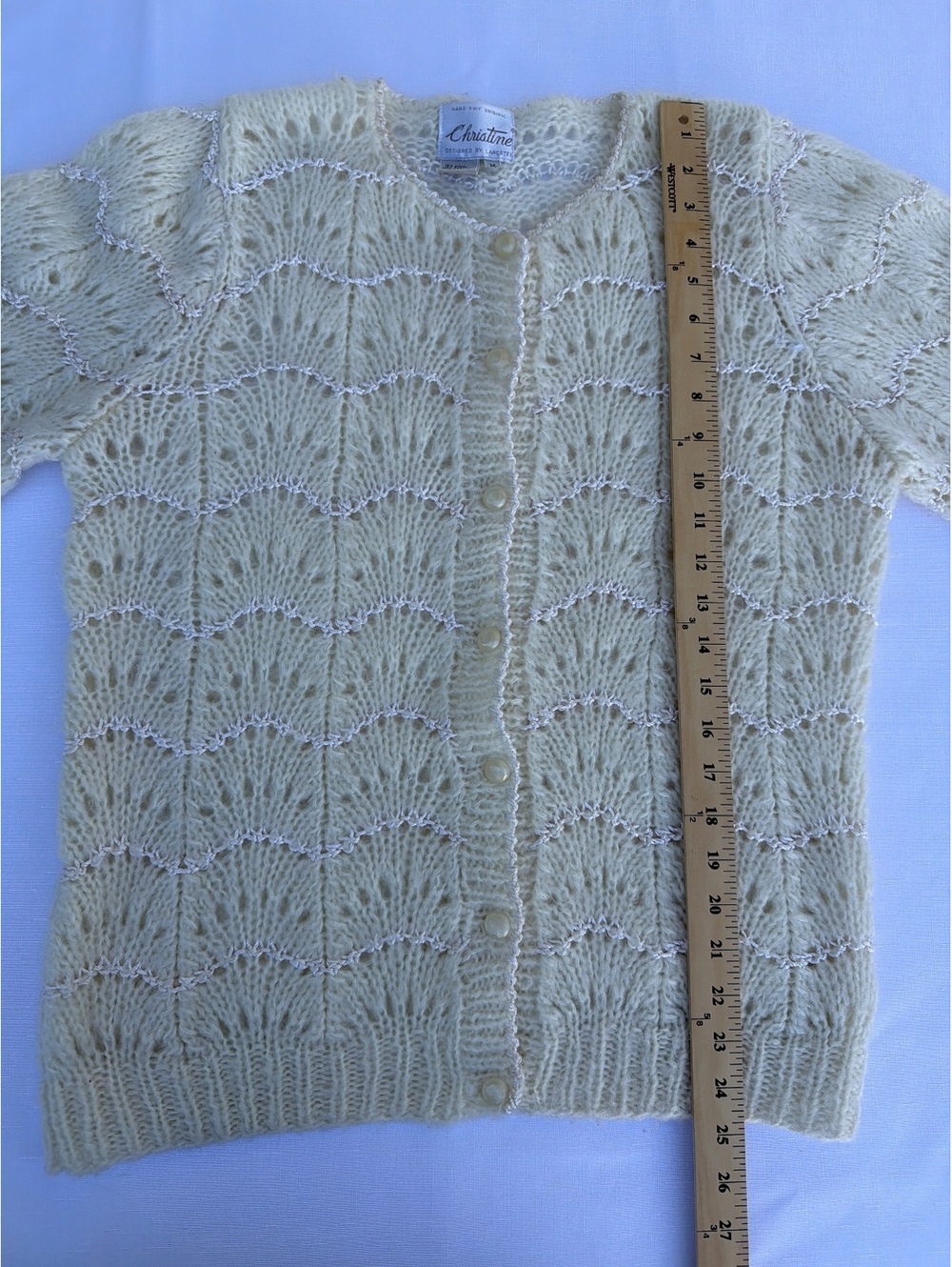Christine Women's Size M Ivory Hand Knit Wool Blend Pearl Beaded Cardigan - Picture 5 of 7